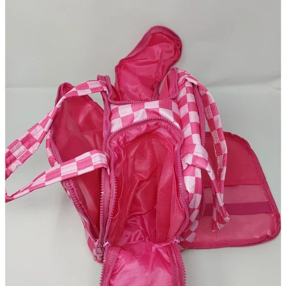 Pink Checkered Makeup Bag Travel Organizer Cosmetic Case Multi-Compartment - Picture 7 of 8